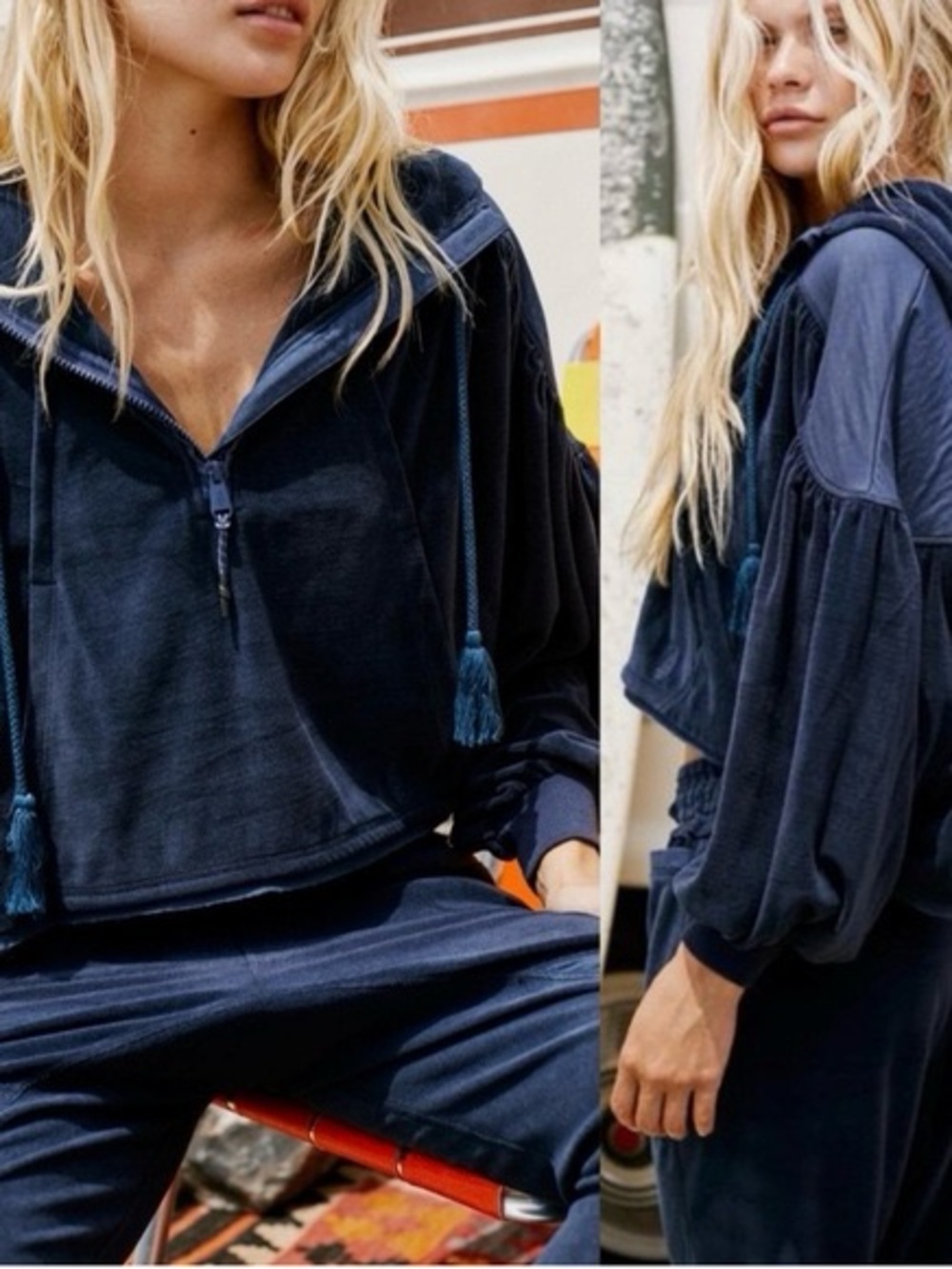 Free People Movement Let It Go Navy Velour Cropped Half Zip Pullover Hoodie - Picture 4 of 4